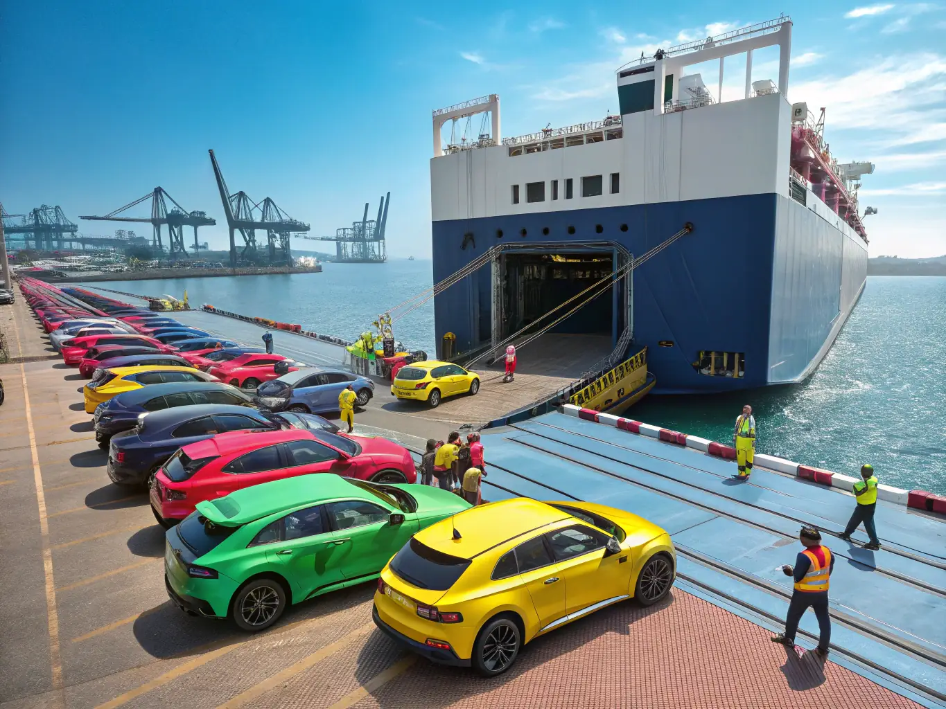 A modern cargo ship is docked at a bustling port, with various luxury vehicles being loaded and unloaded, symbolizing Braumrott's vehicle import/export services.