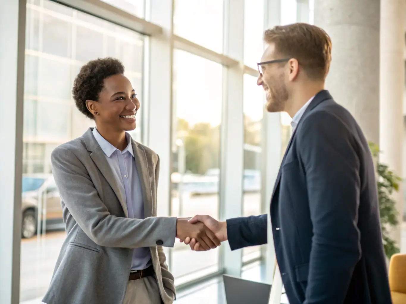 A professional insurance agent is shaking hands with a satisfied client in front of a modern office building, symbolizing Braumrott's vehicle insurance intermediation services.